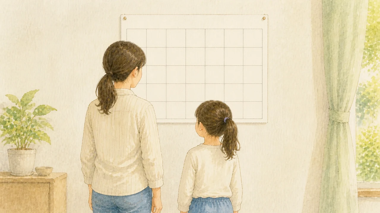 壁に貼った月間カレンダーの前に、母親と小学生の子どもが並んで立って見上げている様子(イラスト)