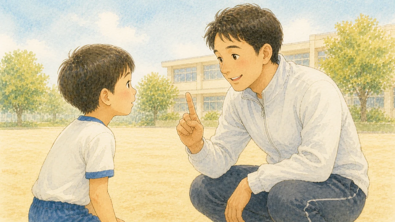 校庭で、しゃがんだコーチが指を1本立てて子どもに1つだけ伝えている様子(イラスト)