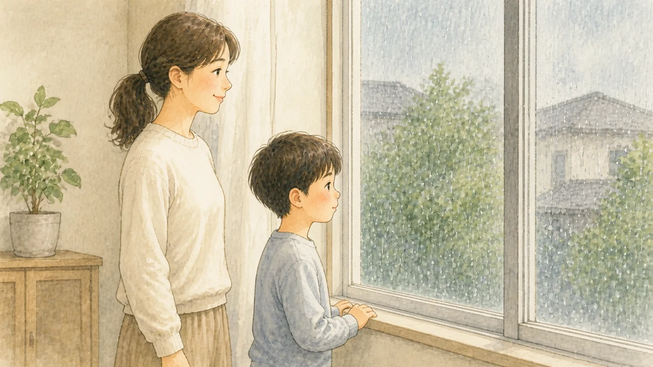 雨の降る窓辺で外を見ている子どもと、気にしていない様子で隣に立つ母親(イラスト)