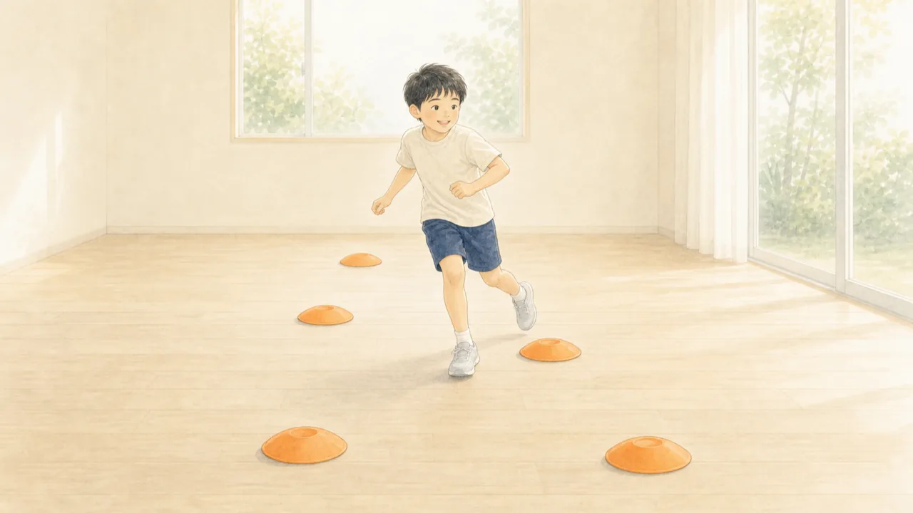 部屋に置いた平たい目印のあいだを、子どもがジグザグに向きを変えて進んでいる様子（イラスト）