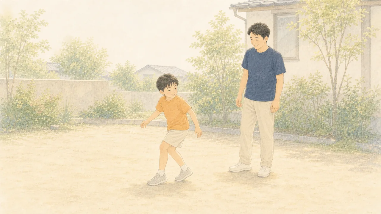 庭先で、子どもがゆっくり向きを変える動きを確かめ、保護者がとなりで見守っている様子（イラスト）