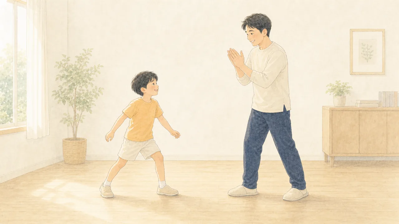 リビングで、保護者が手を叩いた合図で子どもがピタッと止まっている様子（イラスト）