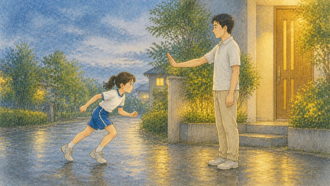 夕方の玄関先で、走ろうとする子どもを父親が手のひらで止めて、今日はやめておこうと伝えている様子（イラスト）