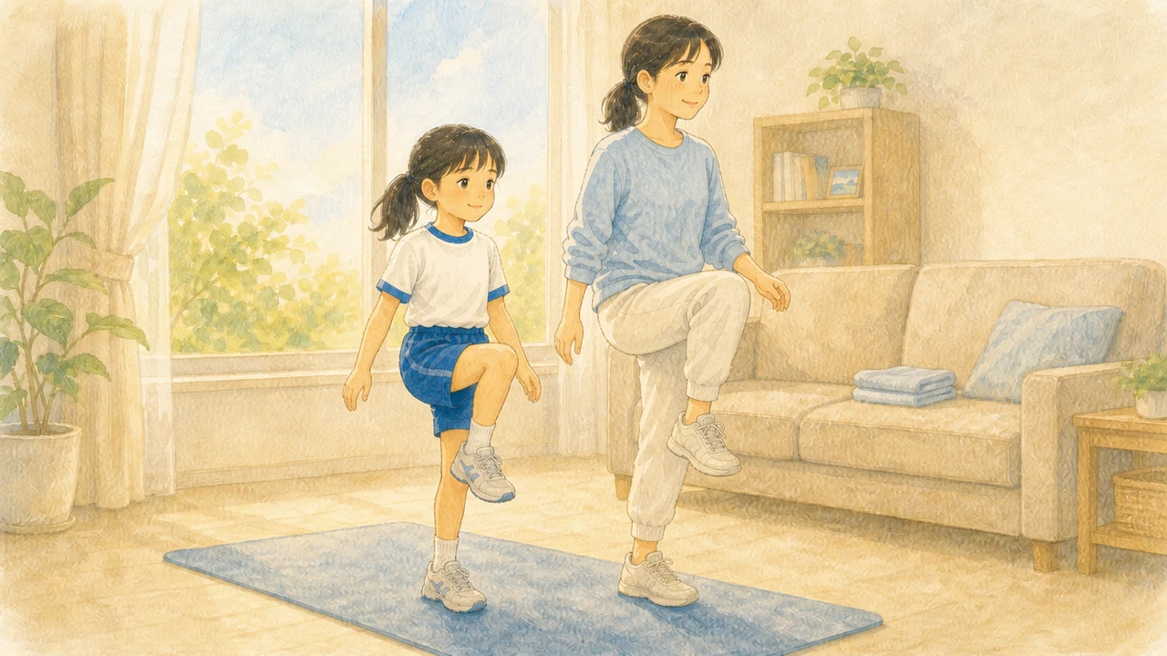 リビングでその場スキップをする女の子と、そばで一緒に足踏みをしている母親の様子（イラスト）