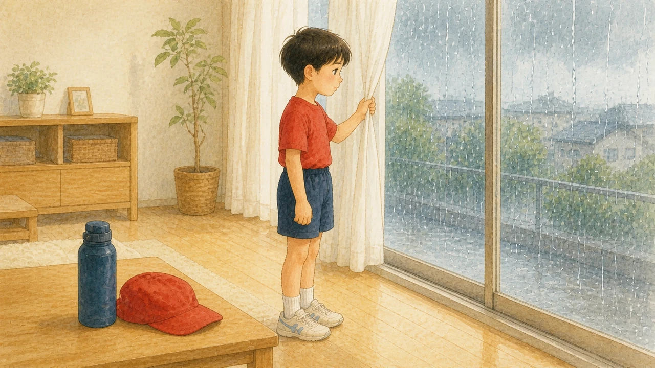 雨が降る窓辺で、体操服のまま外を見て肩を落としている小学生の男の子の様子（イラスト）