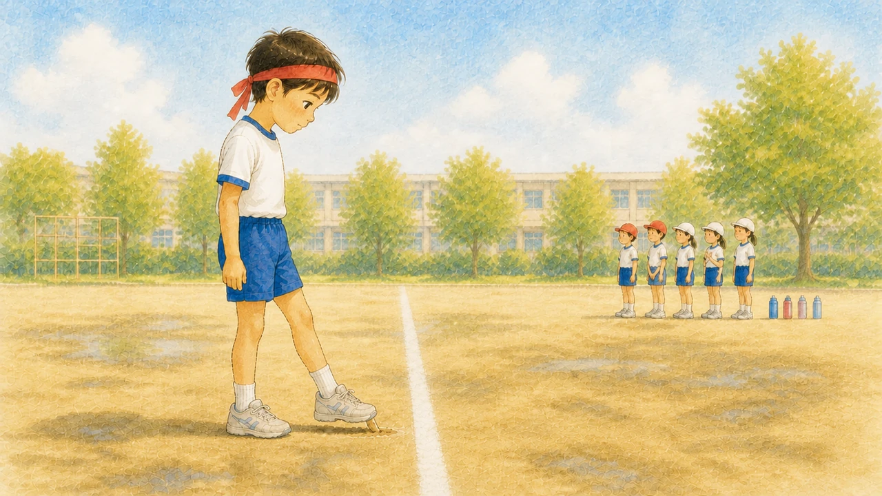 晴れた運動会の朝、スタートラインの手前で足元の地面を靴で確かめている小学生の様子（イラスト）