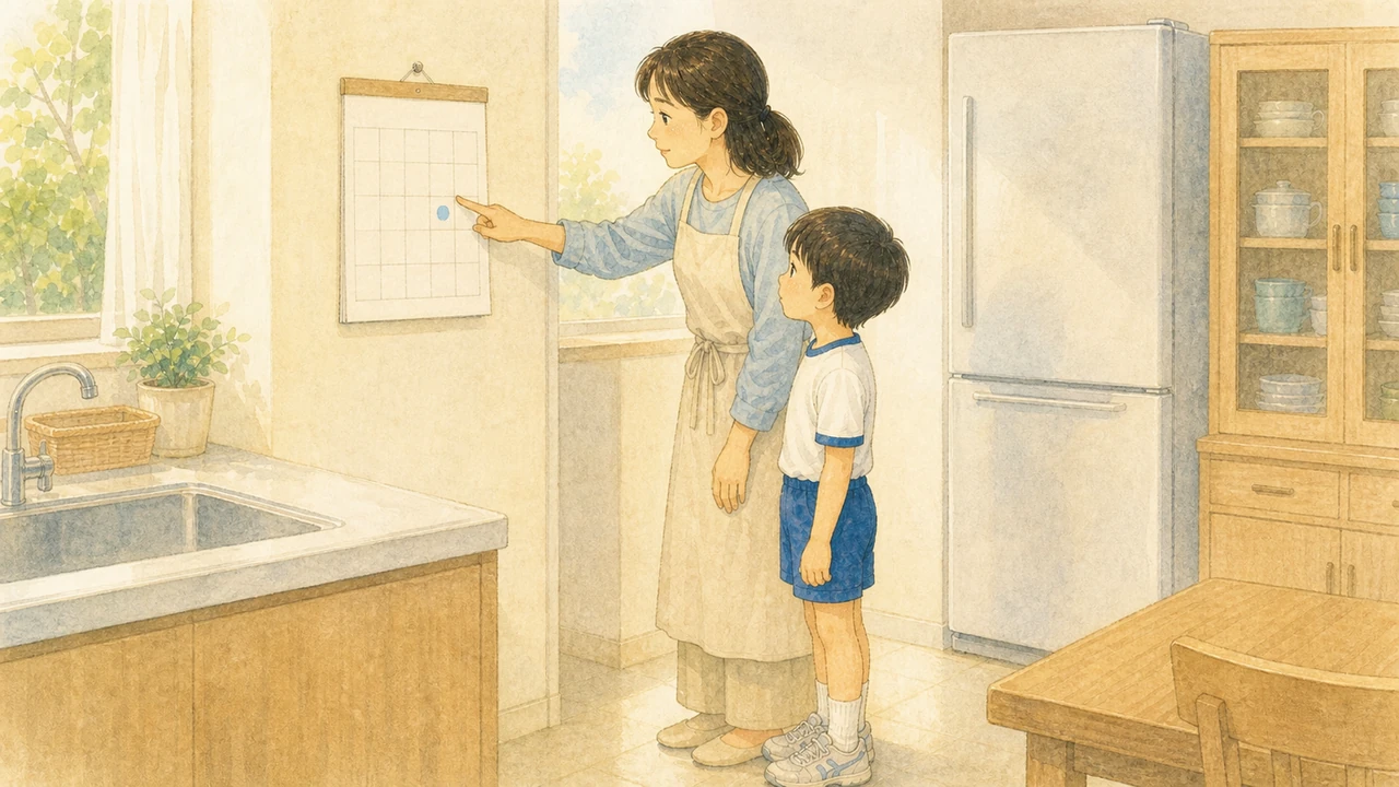 台所のカレンダーの前で、母親が新しい運動会の日付を指さして子どもに伝えている様子（イラスト）