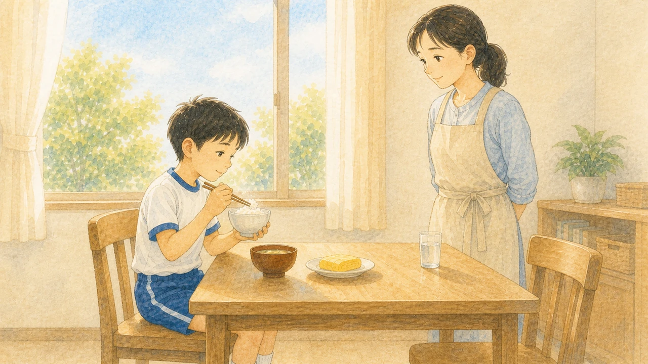 運動会の朝の食卓で、ごはんとみそ汁のいつもの朝ごはんを前にした小学生の男の子と、横で見守る母親の様子（イラスト）