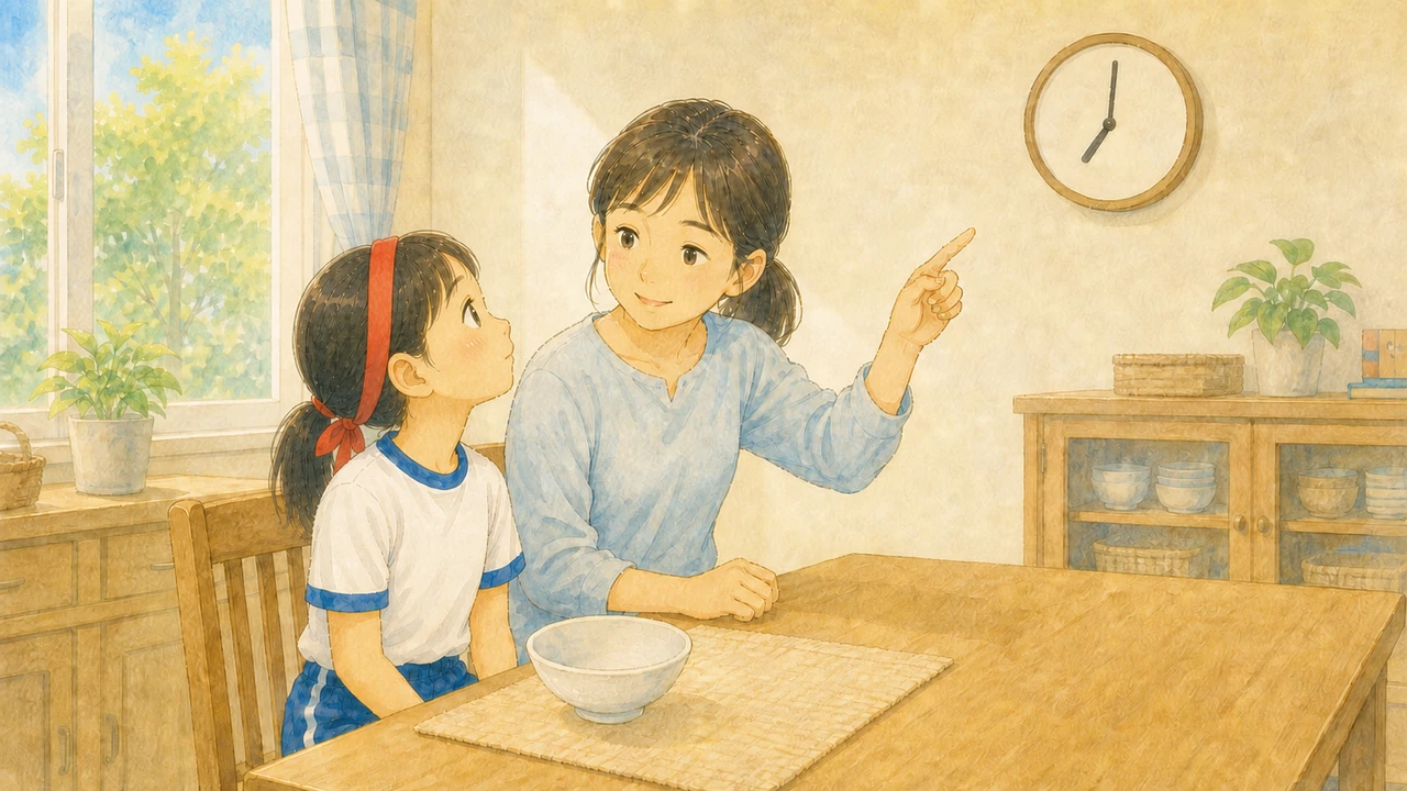 壁の時計を見ながら、母親と小学生の女の子が朝ごはんを食べ終える時間を確かめている様子（イラスト）
