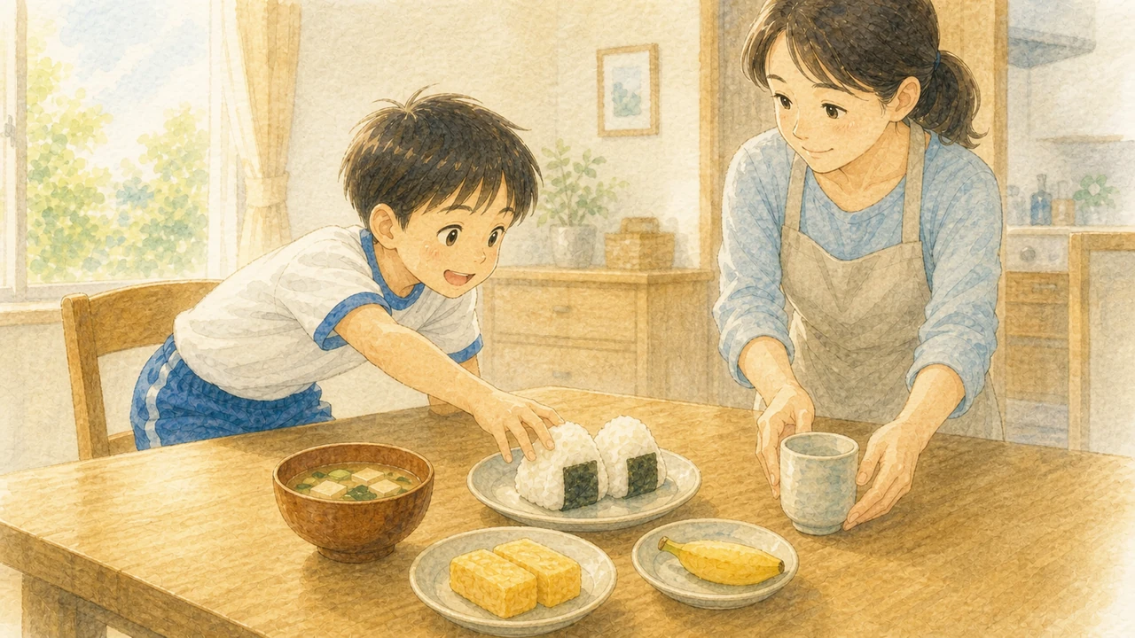 食卓に並んだおにぎり、卵焼き、みそ汁、バナナを、小学生の男の子が選んでいる様子（イラスト）