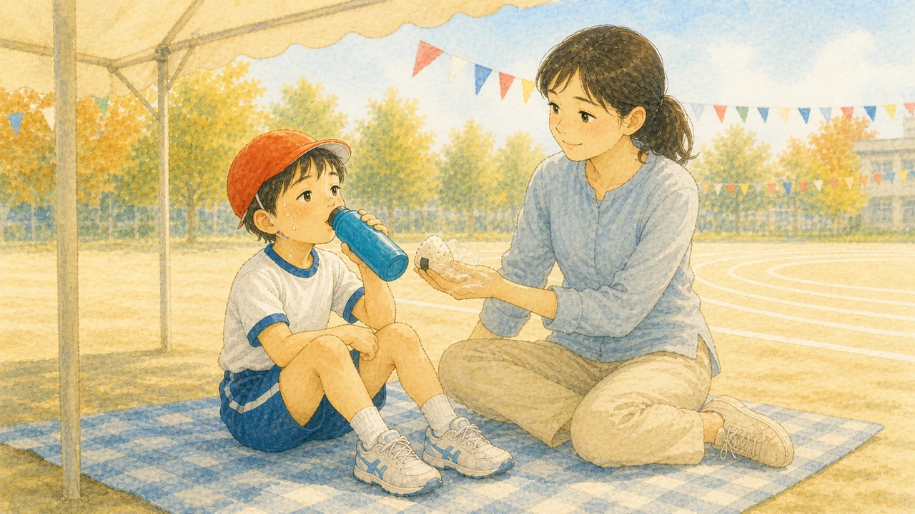 運動会の会場のテントの下で、水筒と小さなおにぎりを手にした小学生の男の子と母親の様子（イラスト）