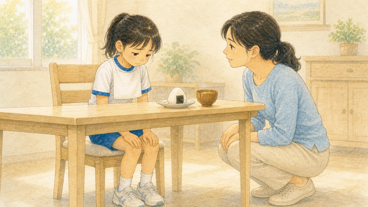 緊張して朝ごはんに手をつけられない小学生の女の子に、母親が横からそっと話しかけている様子（イラスト）