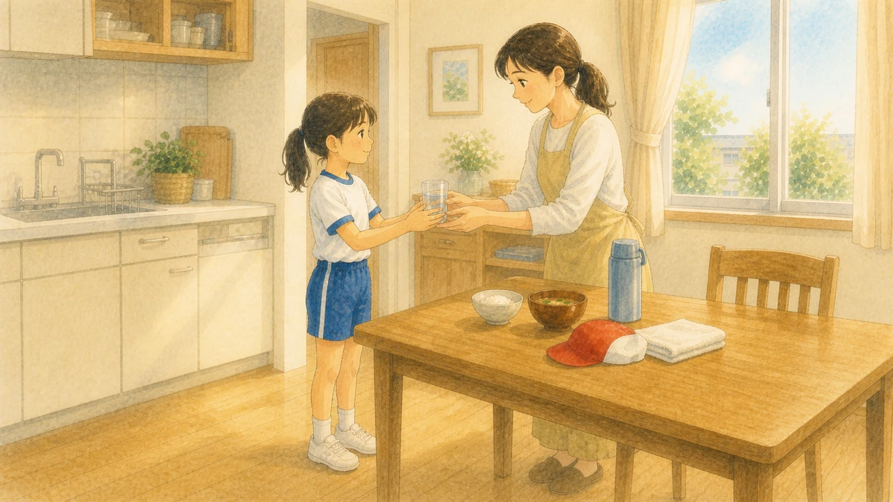 登校前の家の台所で、母親が水の入ったコップを小学生の女の子に手渡している様子(イラスト)