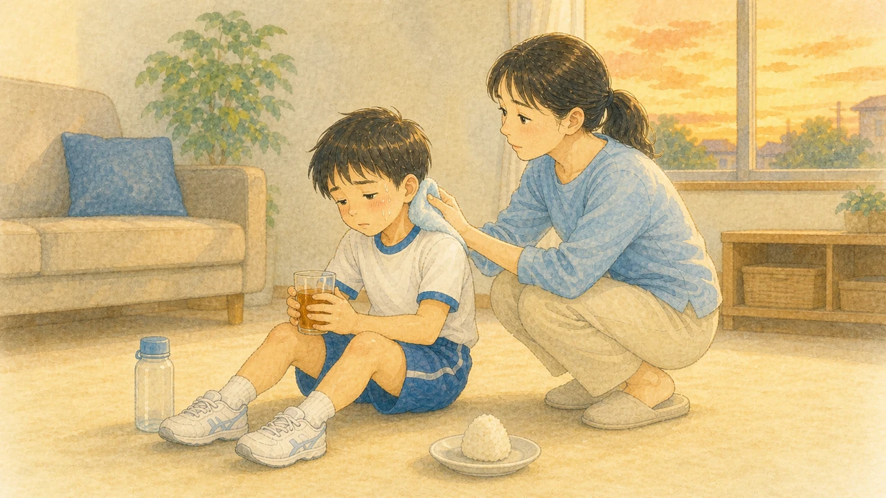 練習から帰ってきた小学生の男の子が、母親に冷たいタオルを首に当ててもらっている様子(イラスト)