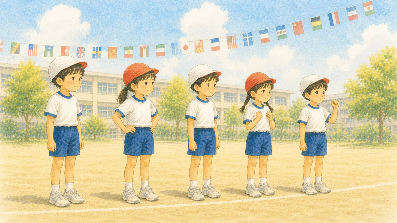 9月の日ざしが残る校庭で、赤白帽をかぶった小学生たちが運動会の練習をしている様子(イラスト)
