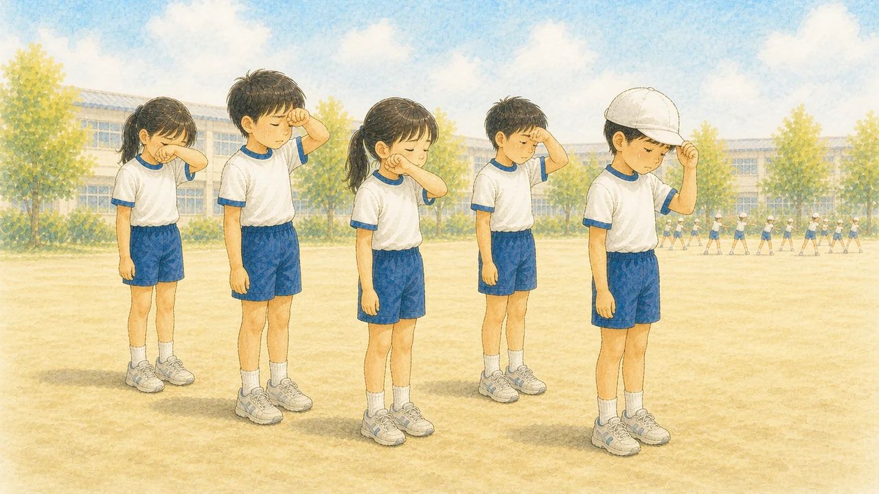 校庭の日なたで、出番を待って列に並んだまま立ち続けている小学生たちの様子(イラスト)