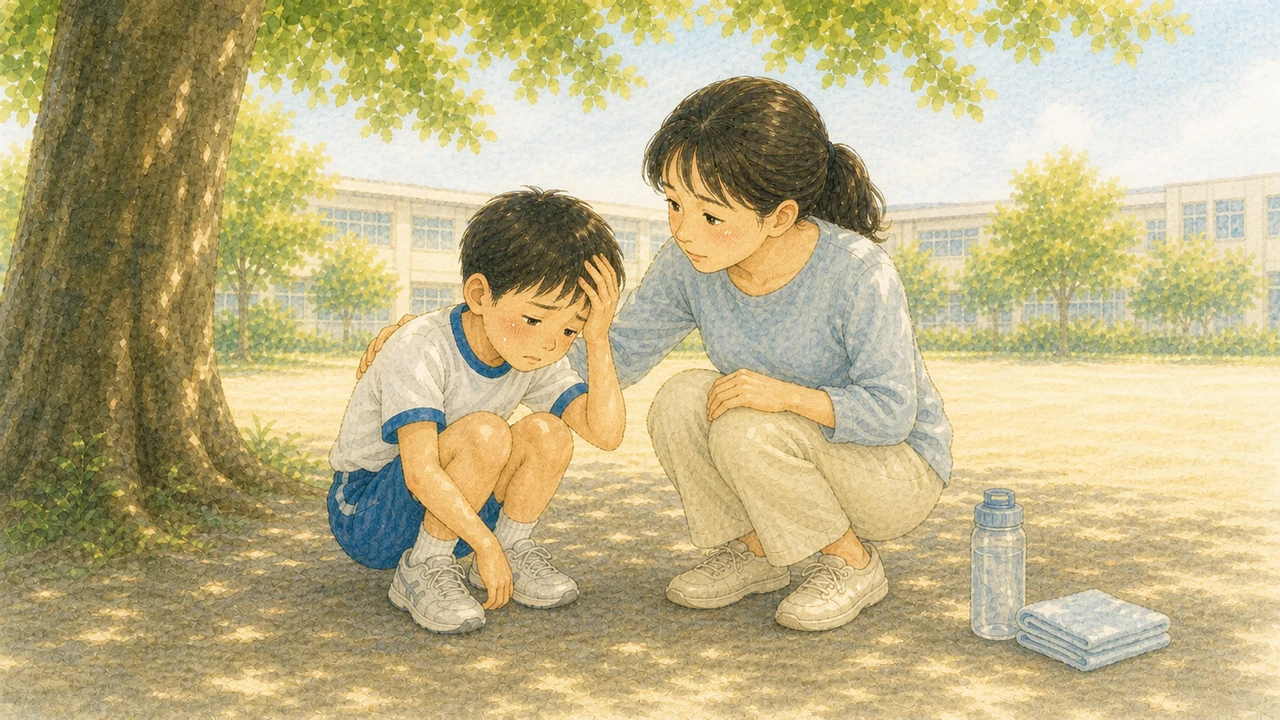 校庭の日かげで、頭を押さえてしゃがみ込んだ小学生に大人が付き添っている様子(イラスト)