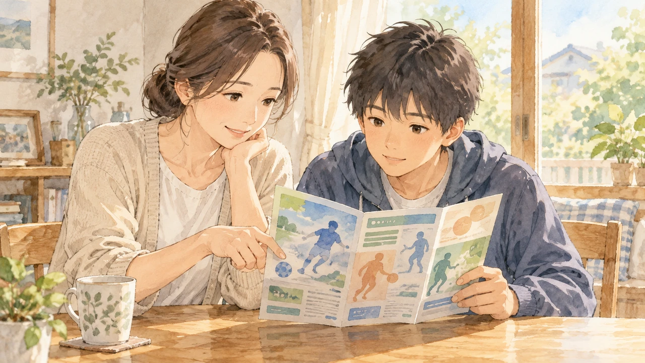 地域のスポーツ活動の案内を見る親子（イラスト）