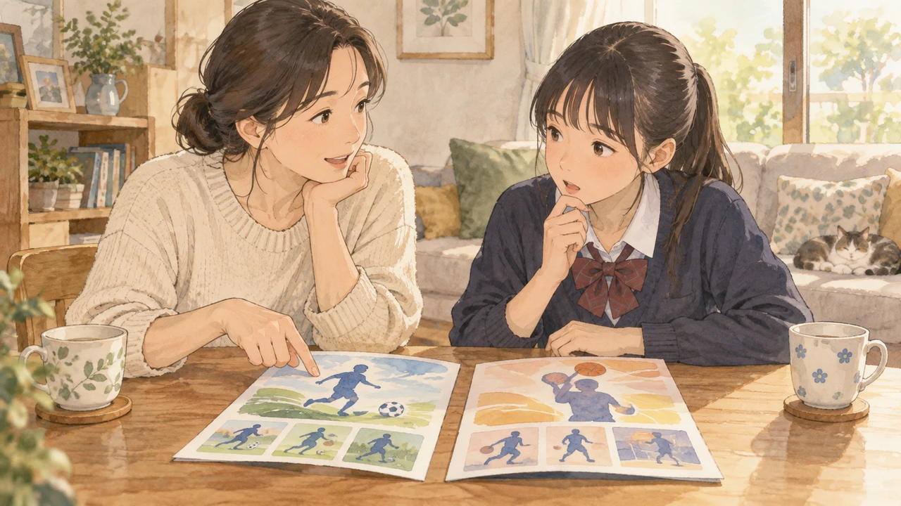 二つの活動案内を見比べる親子（イラスト）