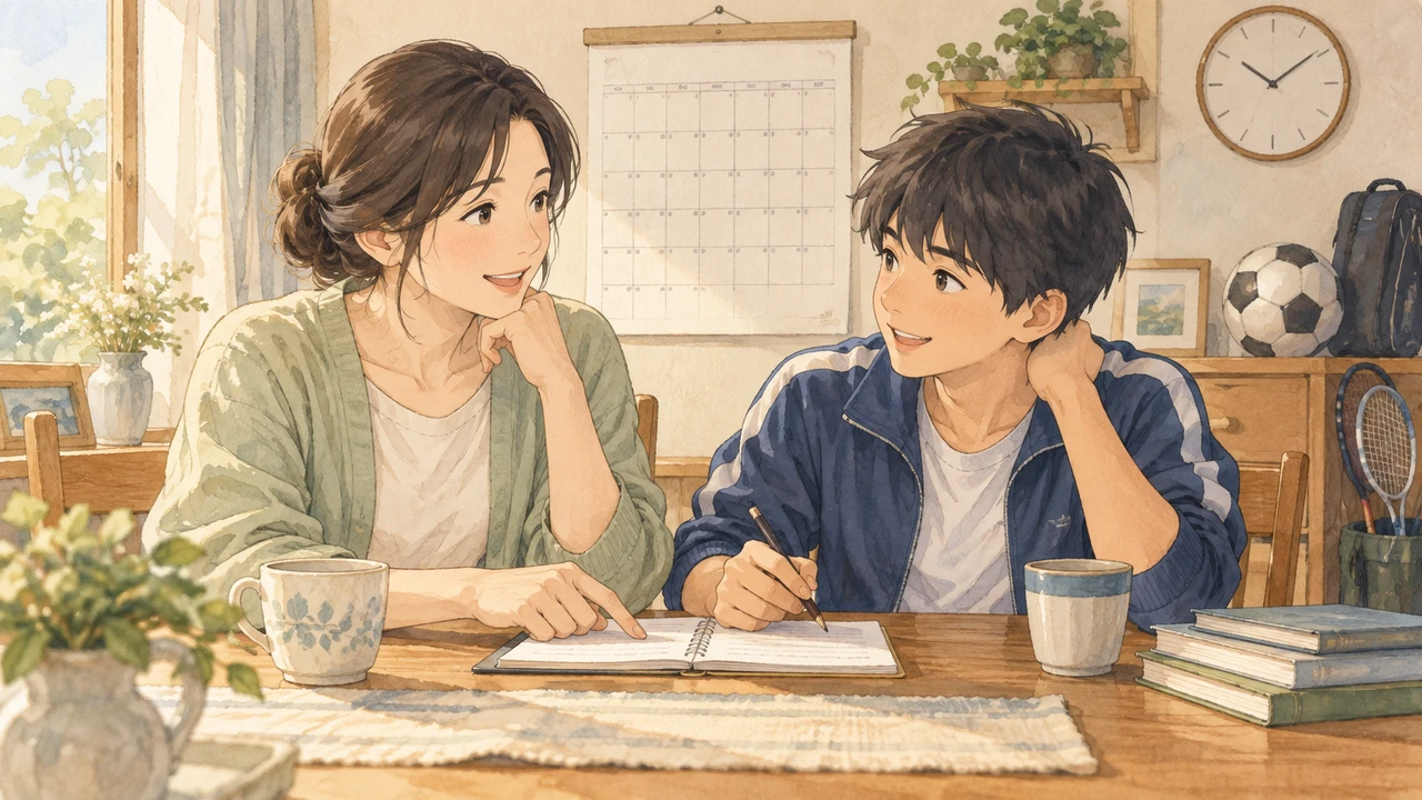 費用や予定を相談する親子（イラスト）