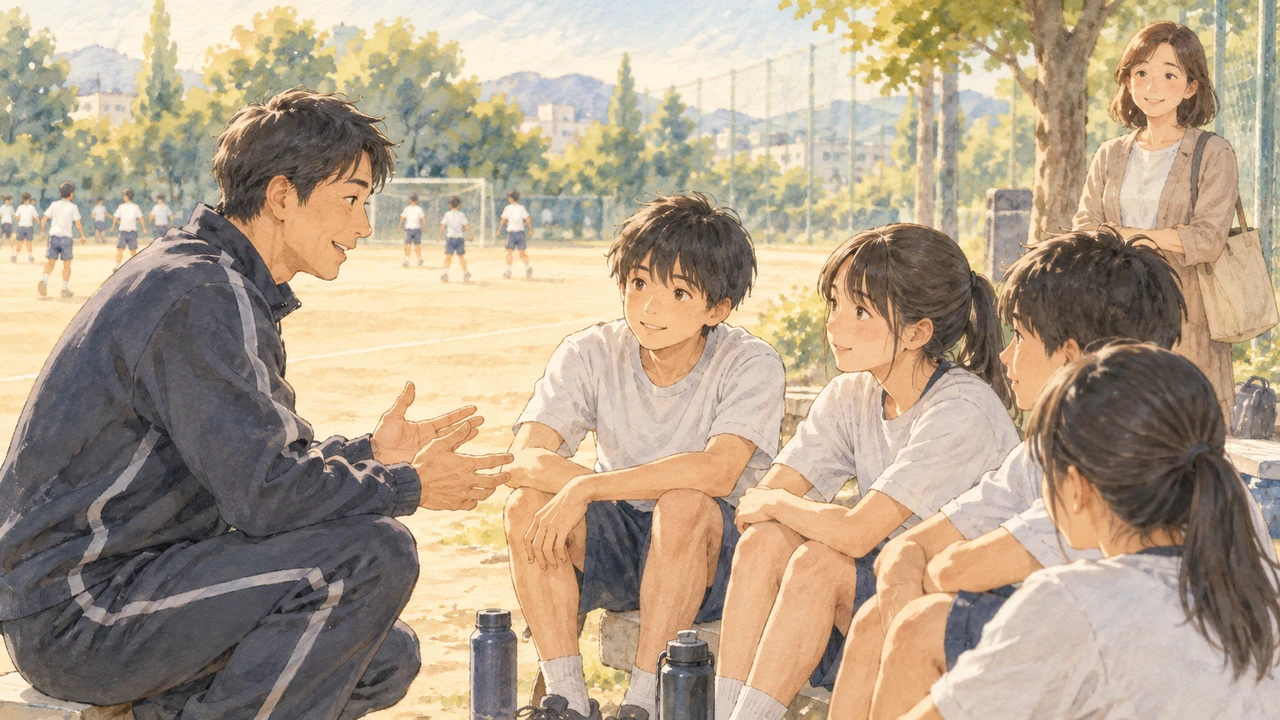 指導者と話す中学生たちを見学する保護者（イラスト）