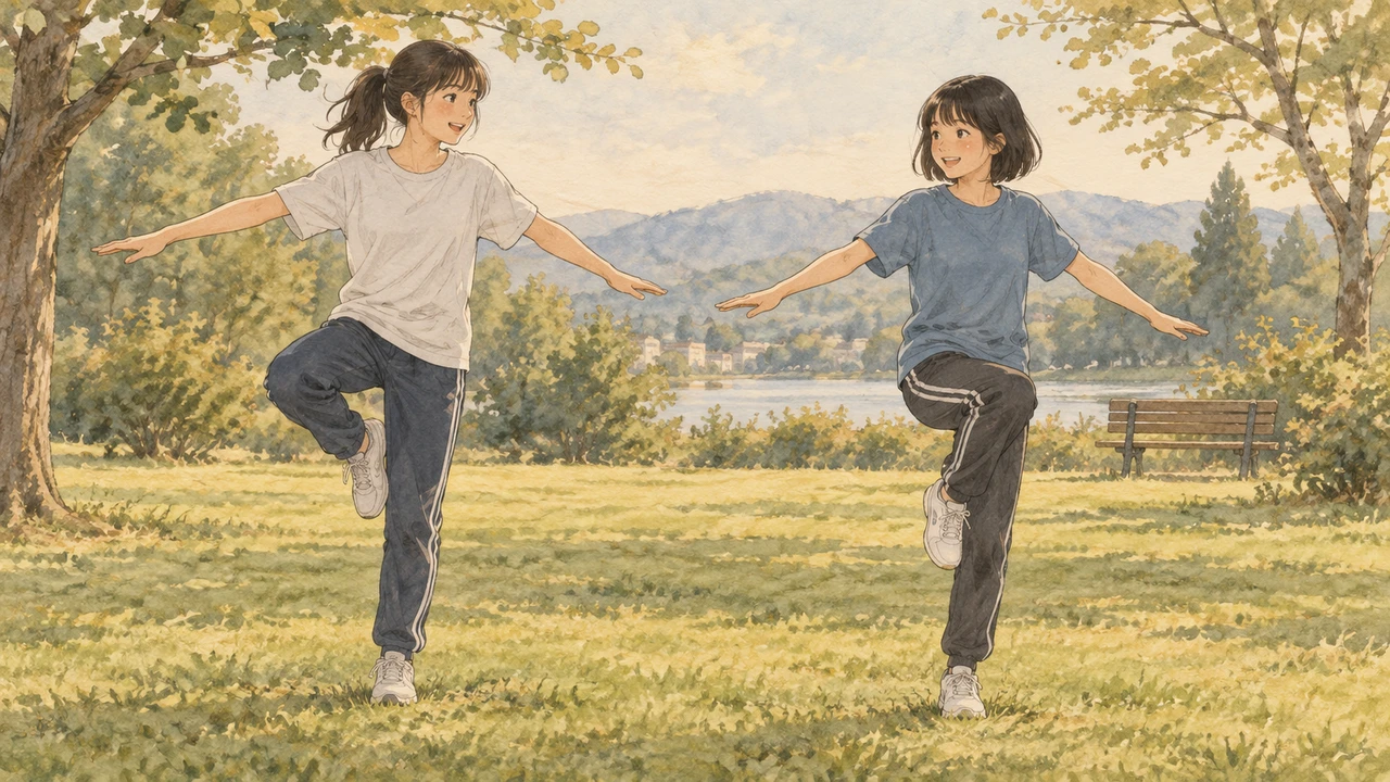 公園でバランス遊びをする中学生（イラスト）