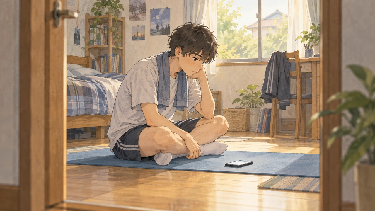 自宅で動画を見て運動内容を考える中学生（イラスト）