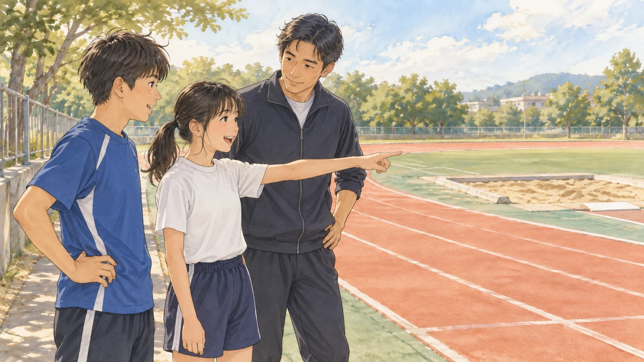 取り組みたい種目についてコーチと話す中学生(イラスト)