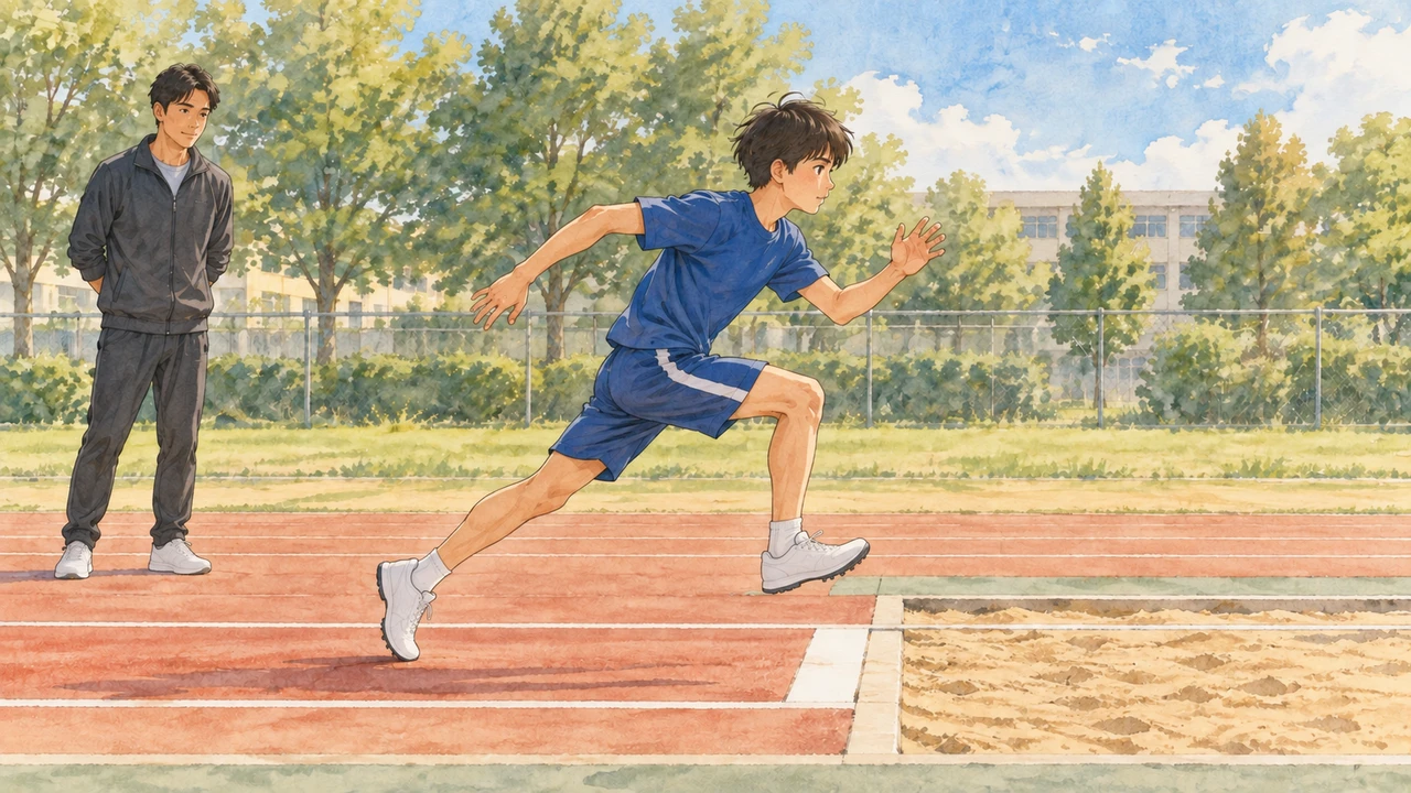 走幅跳の助走中の動きを観察するコーチ(イラスト)