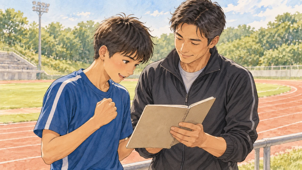 記録ノートを一緒に見て喜ぶ中学生とコーチ(イラスト)