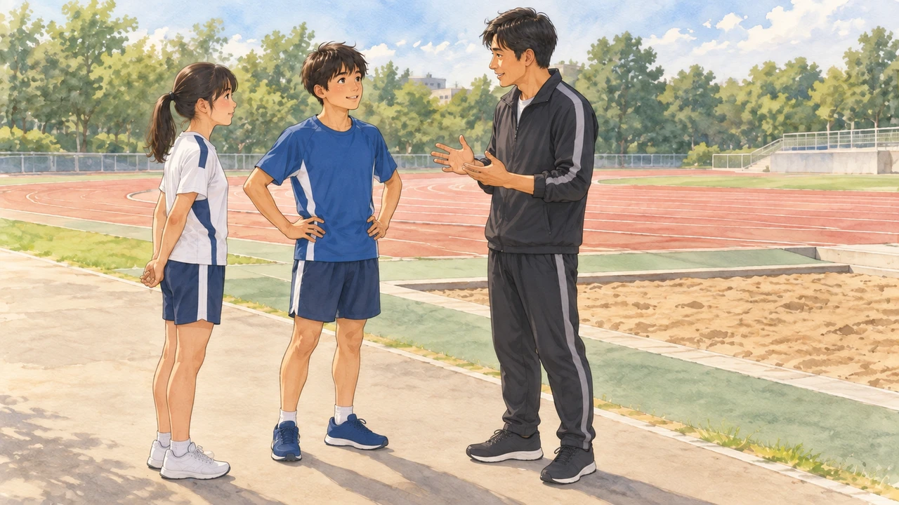 種目についてコーチと相談する中学生(イラスト)