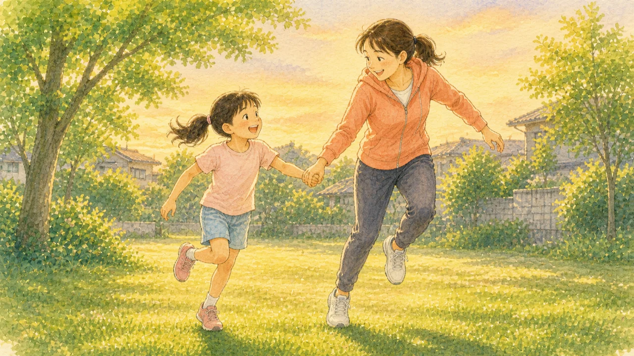 夕方の公園で、母親と女の子が手をつないで一緒に体を動かして遊んでいる様子（イラスト）