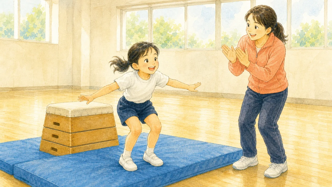 体操教室で、低い段の跳び箱を跳び越えられて笑顔になった女の子と、そばで拍手を送るコーチの様子（イラスト）