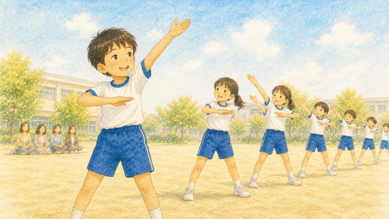 運動会の練習で、列に並んだ子どもたちが振りを合わせて踊り、手前の男の子が笑顔で腕を上げている様子(イラスト)