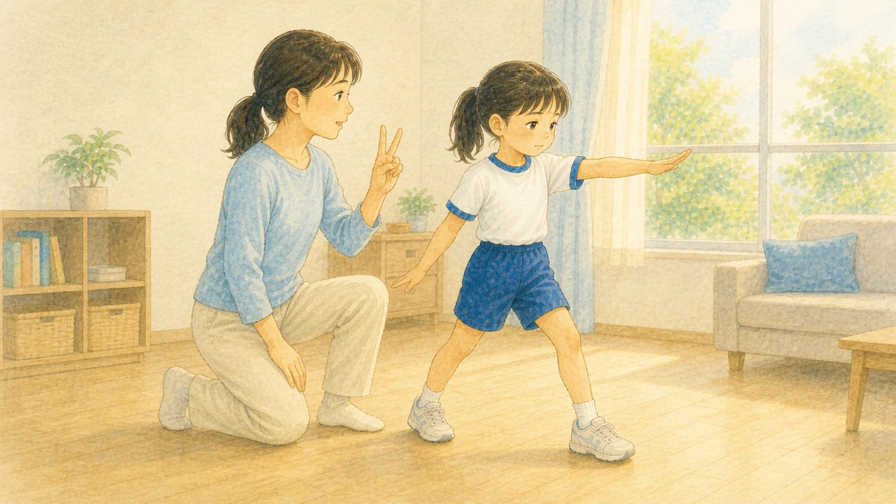 リビングで母親が指で数を数えながら、子どもがゆっくり振りをなぞっている様子(イラスト)