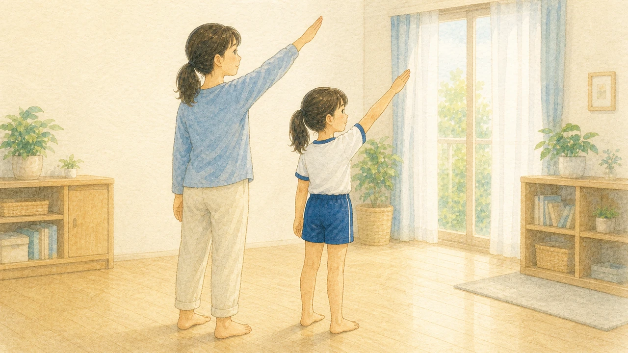 家の中で裸足の子どもと母親が並んで同じ向きに立ち、短い振りを合わせている様子(イラスト)