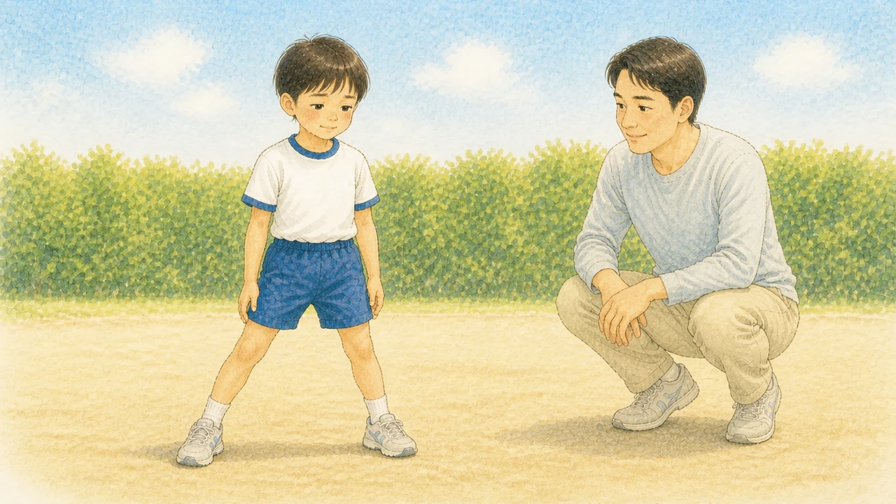 子どもが腕を下ろしたまま足のステップだけを踏み、その手前で父親が見守っている様子(イラスト)