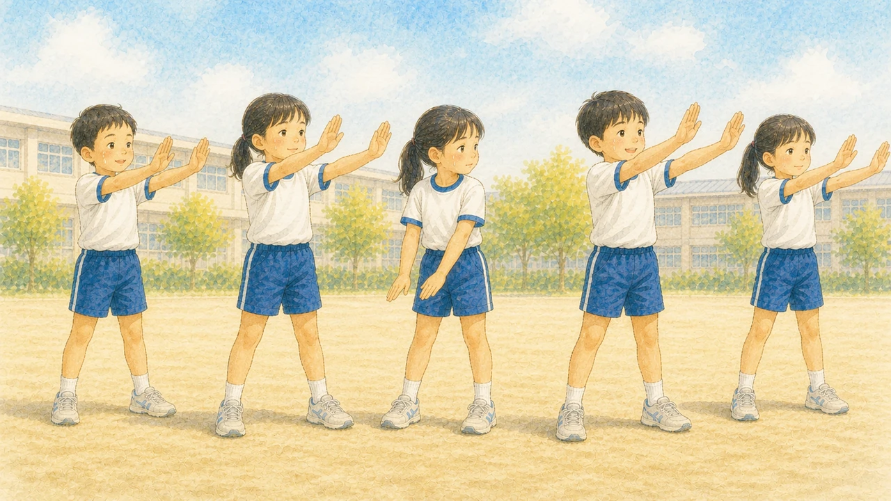 校庭で列になってダンスを練習する子どもたちの中で、一人が隣の友だちを見てから動き出している様子(イラスト)