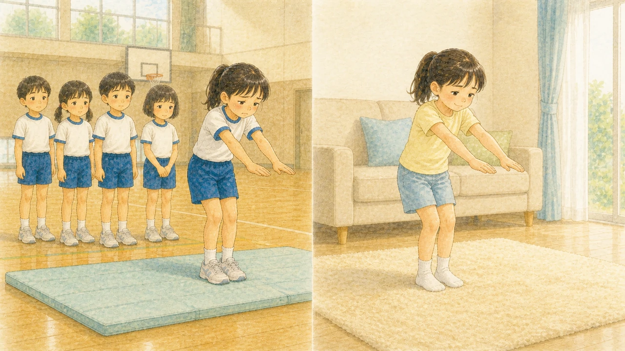 体育館で友だちが見ている前に立ってこわばる女の子と、家のリビングで同じ動きを平気でやっている場面を並べた様子（イラスト）