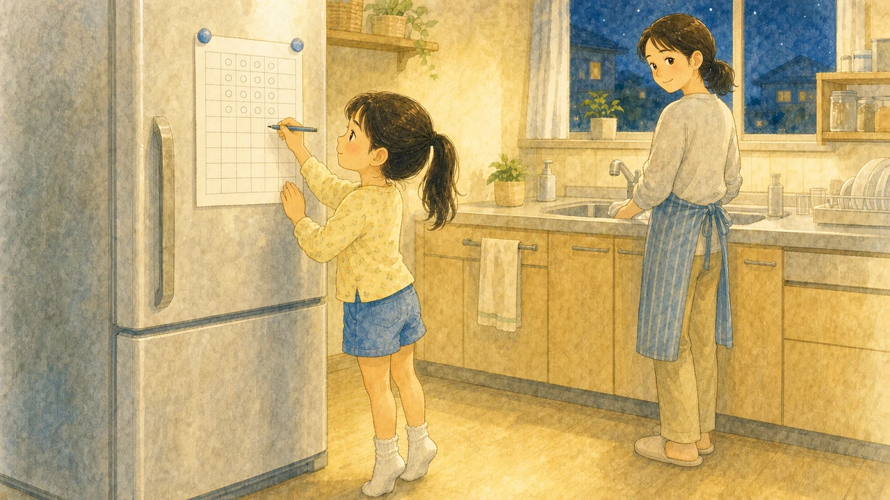 冷蔵庫に貼った記録用紙に、小学生の女の子が自分でその日の回数を書き込んでいる様子（イラスト）