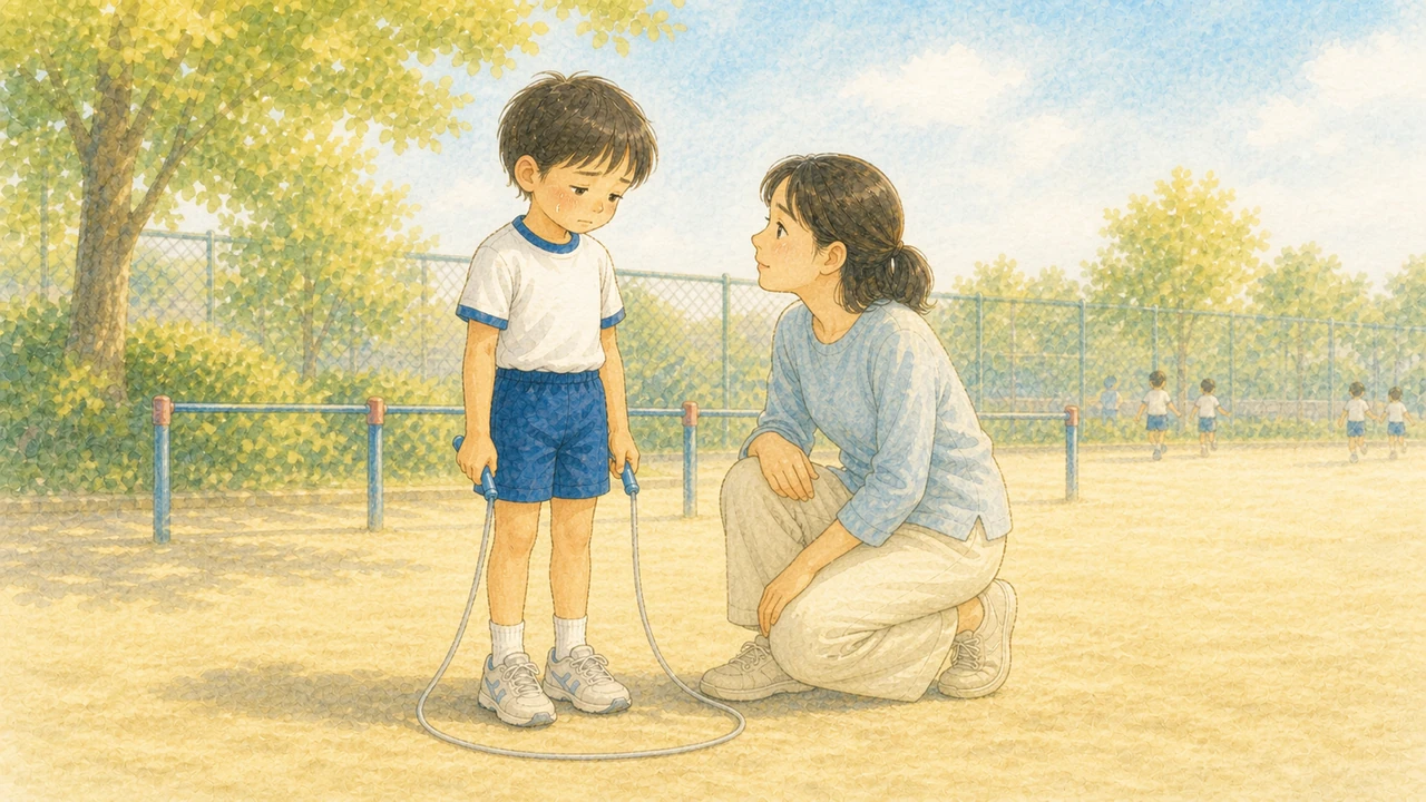 校庭のなわとび練習で、なわを持ったまま「どうせできない」という顔でうつむく小学生の男の子と、しゃがんで目線を合わせる母親（イラスト）