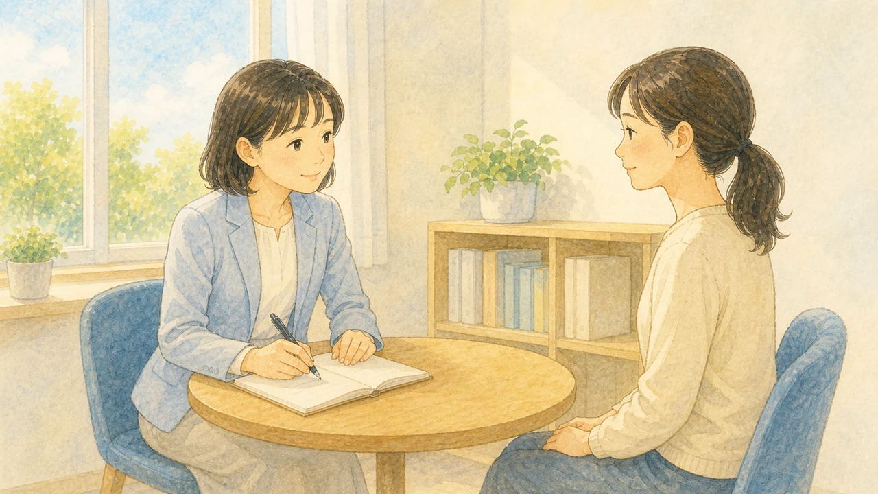 学校の相談室で、担任の先生と母親が向かい合って落ち着いて話している様子（イラスト）