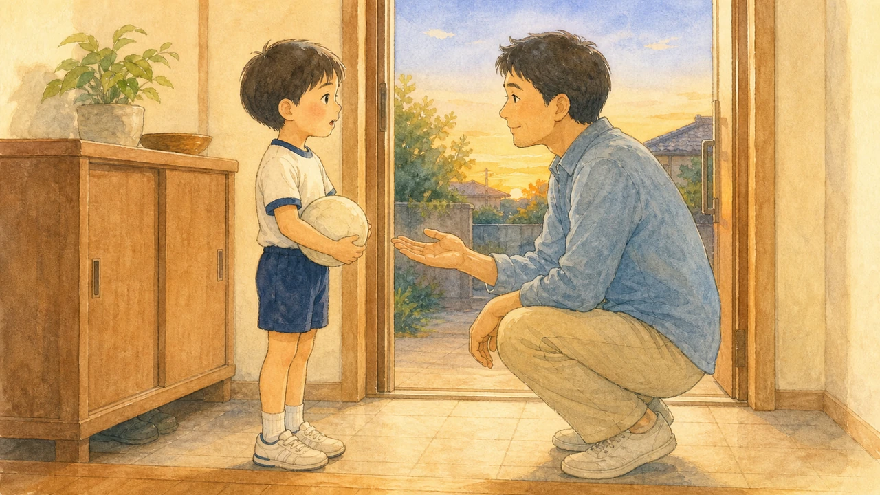玄関先で「どのへんが難しそう？」と穏やかにたずねる父親と、少し顔を上げて答えようとする小学生の男の子（イラスト）