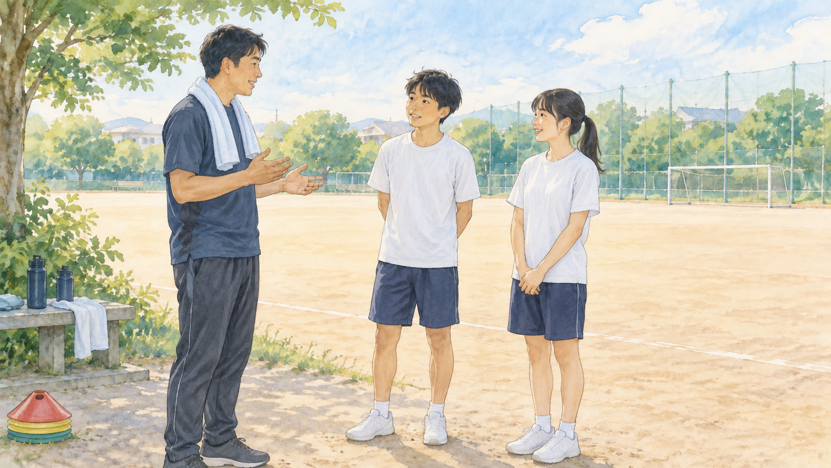 練習を終えて話すコーチと中学生(イラスト)
