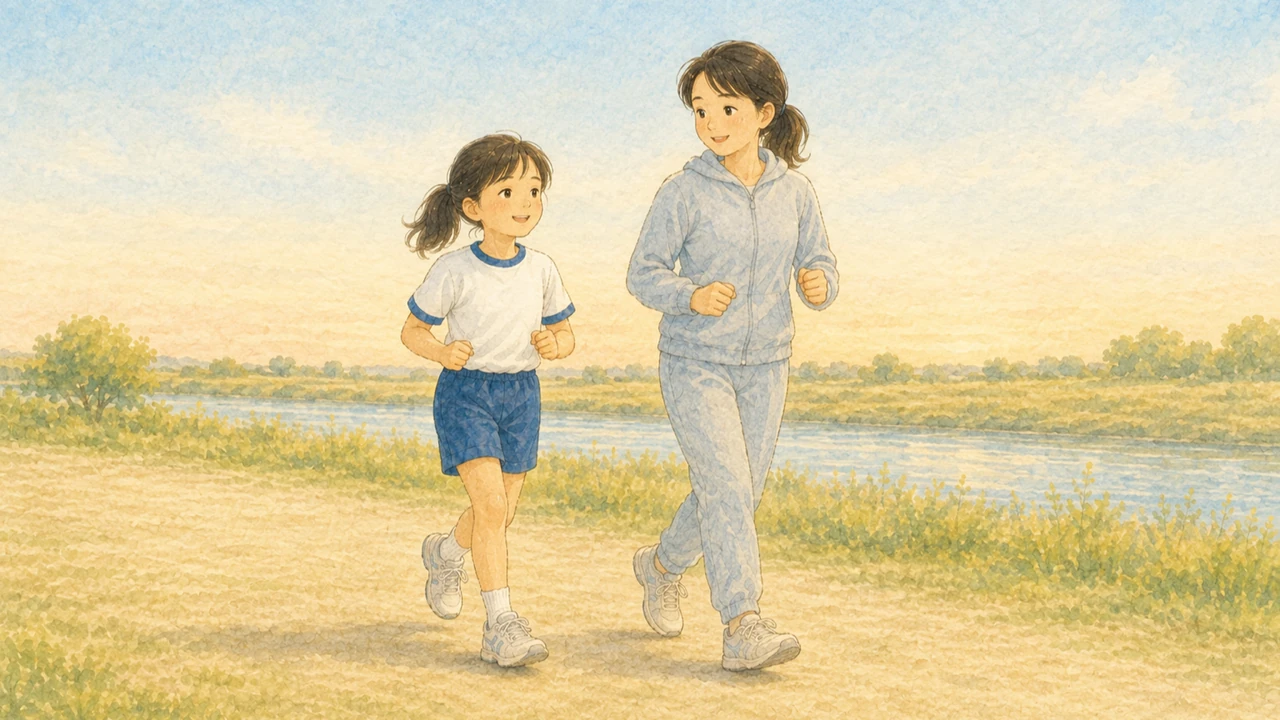夕方の河川敷の芝生で、母親と並んで軽く走っている小学生の女の子の様子（イラスト）