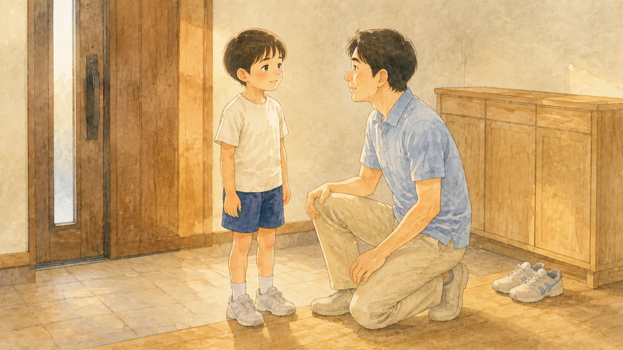夕方の玄関先で、しゃがんで子どもと目線を合わせ、短く声をかけている父親の様子（イラスト）