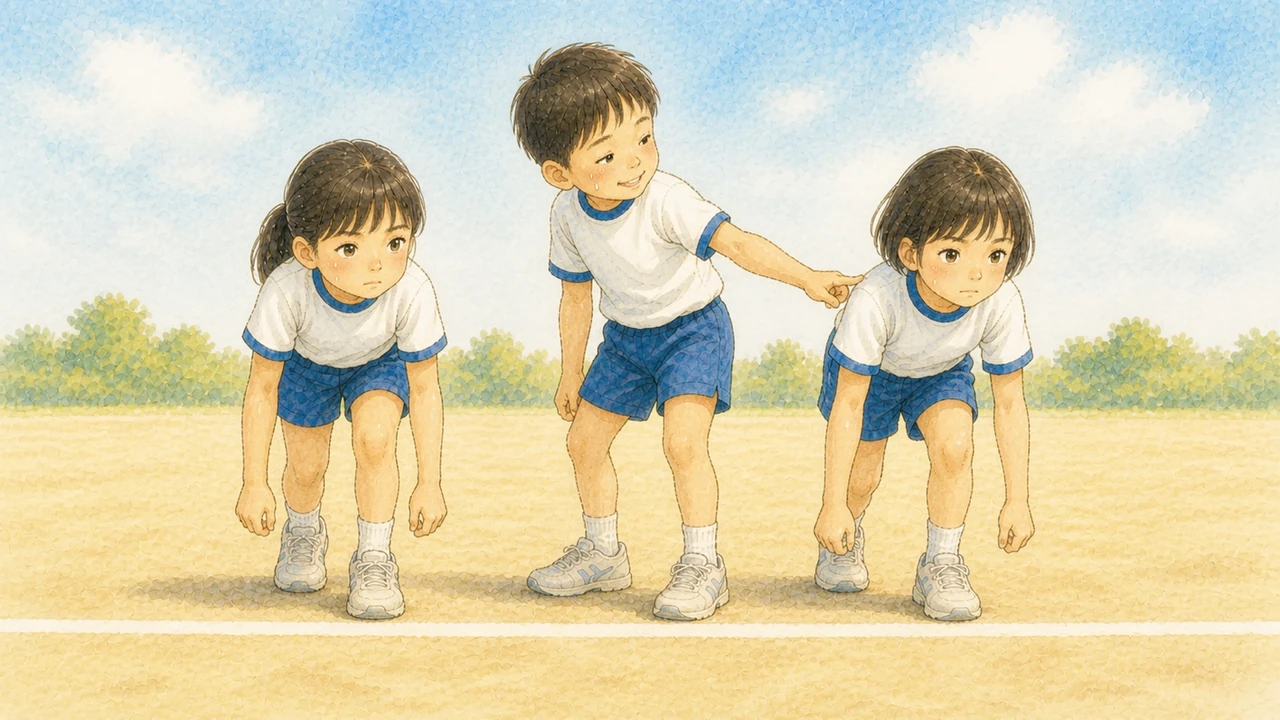 校庭のスタートラインに並びながら、照れ笑いを浮かべて隣の子にちょっかいを出している小学生の男の子の様子（イラスト）
