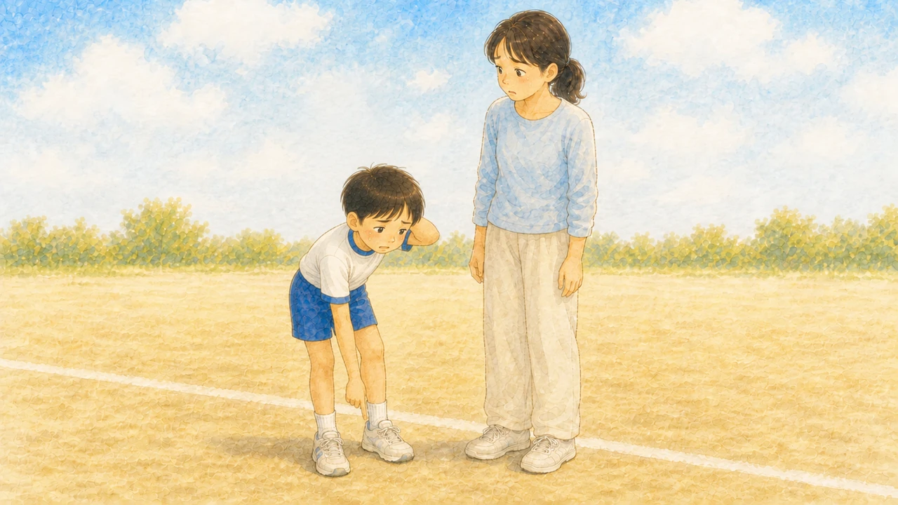 走り終えたあと、ゴールのわきで肩をすくめて母親に言い訳をしている小学生の男の子の様子（イラスト）
