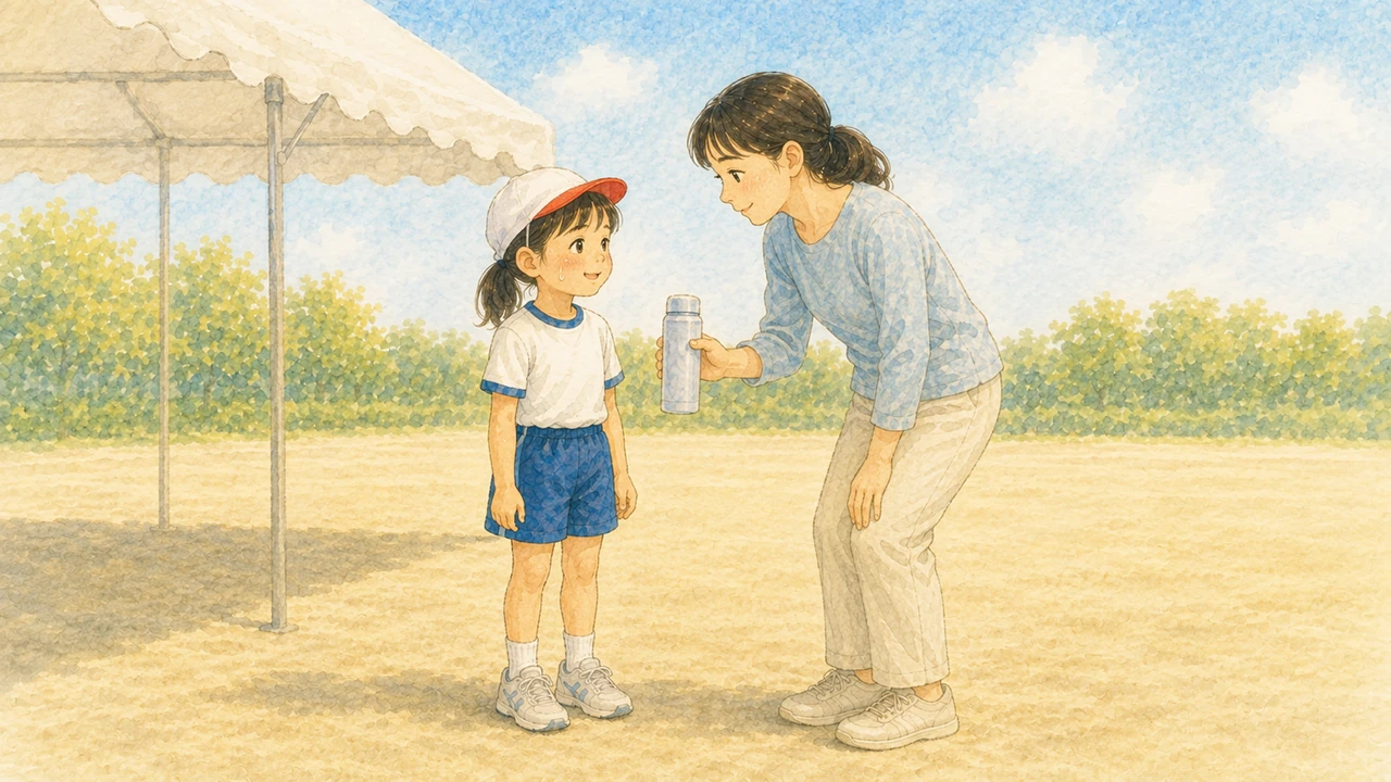 運動会のあと、テントのわきで水筒を渡しながら短く声をかけている母親と、少し照れた顔の小学生の女の子の様子（イラスト）