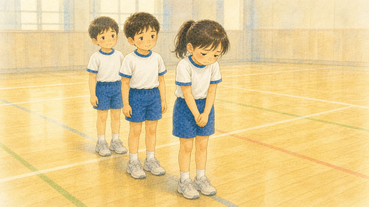 体育の列の先頭で、みんなに見られながら順番を待って肩を縮めている小学生の女の子の様子(イラスト)